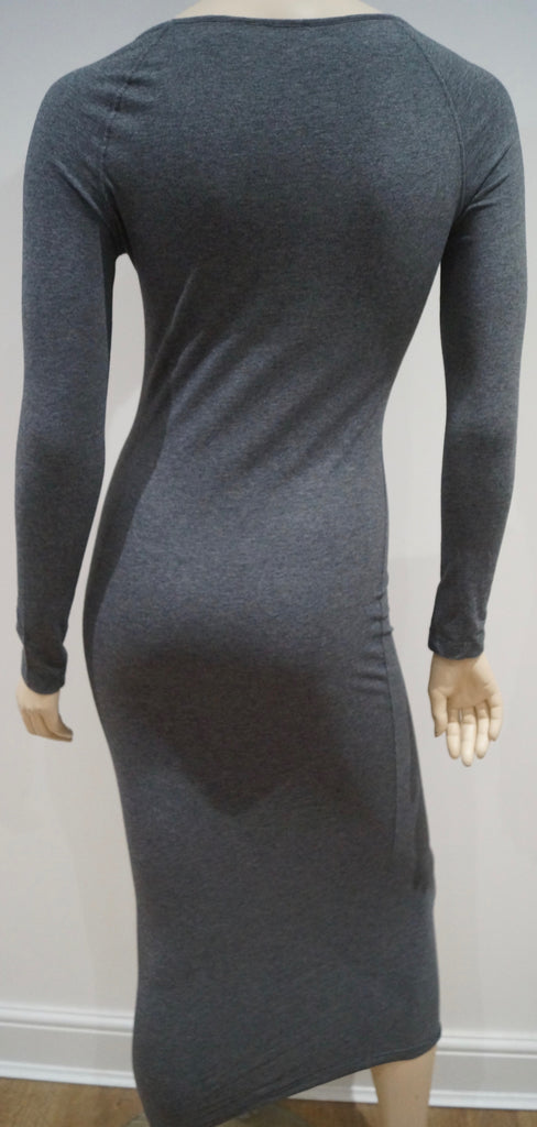 ASPESI Charcoal Grey Cotton Stretch Round Neck Long Sleeve Bodycon Maxi Dress M