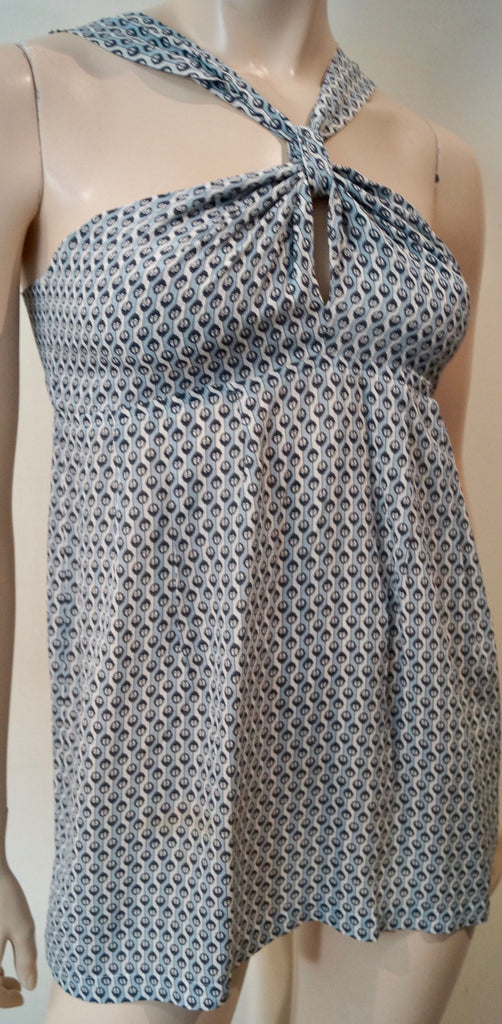 PAUL & JOE Women's Blue & Cream Silk Geometric Print Sleeveless Tunic Top 2 UK12