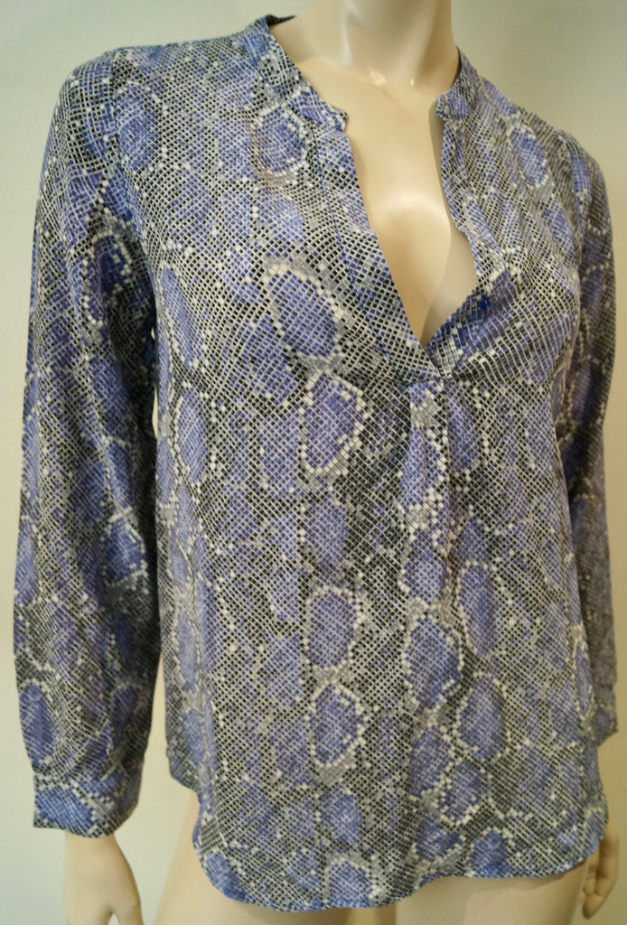 JOIE Blue Purple Cream 100% Silk Geometric Print Collarless V Neck Blouse Top XS
