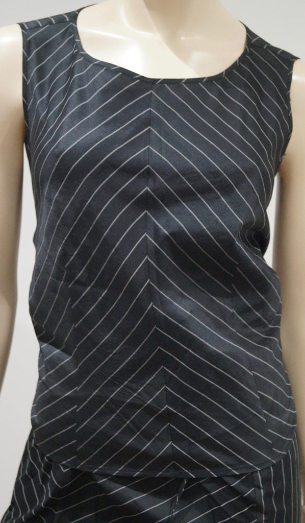 JASMINE Black & Grey Stripe Silk Wrap Sleeveless Tie Top Knee Length Skirt Suit