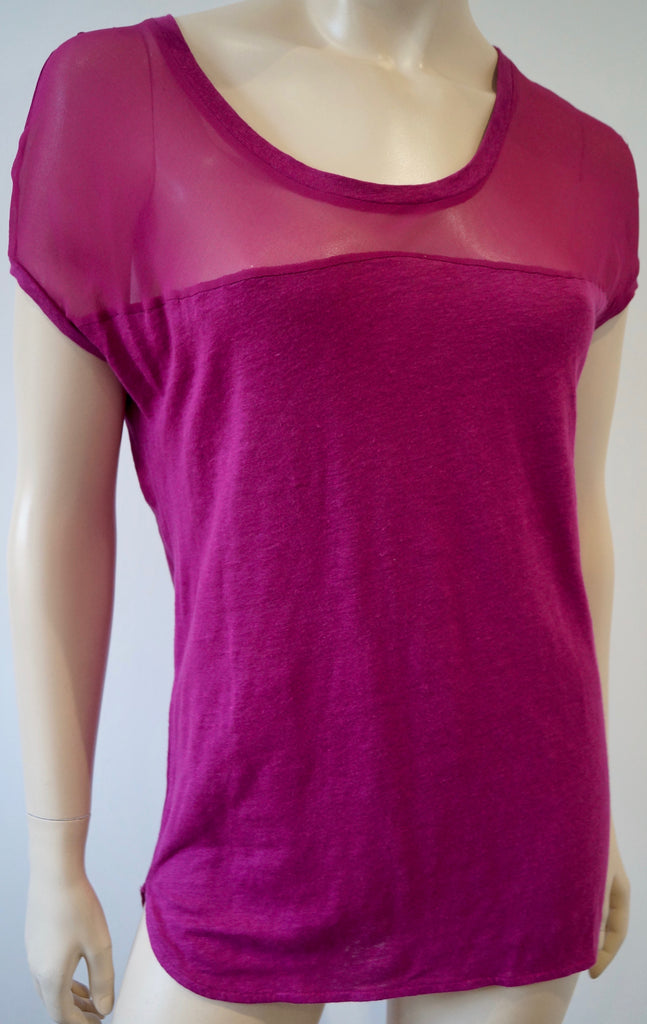 SANDRO Women's Hot Pink Scoop Neck Sheer Panelled Short Sleeve Top Sz2; M