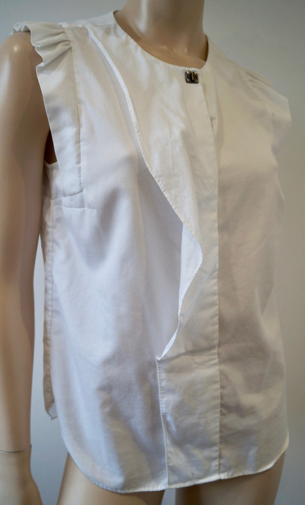 SANDRO White 100% Cotton Round Neck Sleeveless Pleated Blouse Shirt Top Sz:2; M