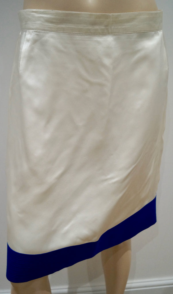 RENZO Cream 100% Silk Sheen Blue Trim Hemline Short Length Evening Skirt 44