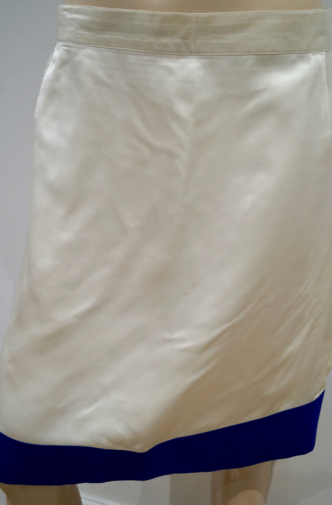 RENZO Cream 100% Silk Sheen Blue Trim Hemline Short Length Evening Skirt 44