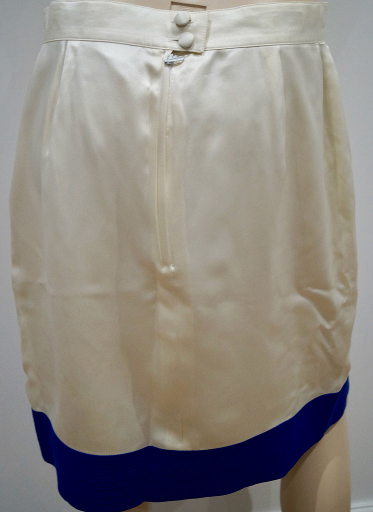 RENZO Cream 100% Silk Sheen Blue Trim Hemline Short Length Evening Skirt 44