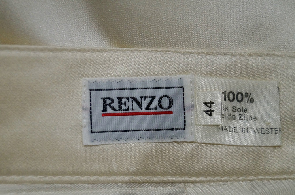 RENZO Cream 100% Silk Sheen Blue Trim Hemline Short Length Evening Skirt 44