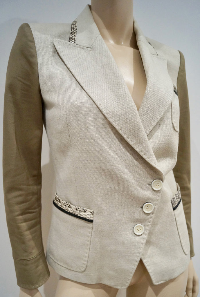 BARBARA BUI Cream Brown Flax Cotton & Leather Trim Lined Formal Blazer Jacket 38