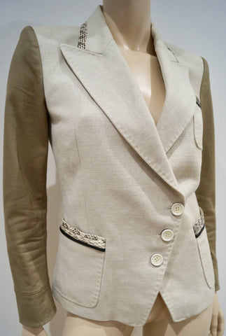 BARBARA BUI Beige Cotton Blend Collared Belted Long Sleeve Lined Jacket 38 UK10