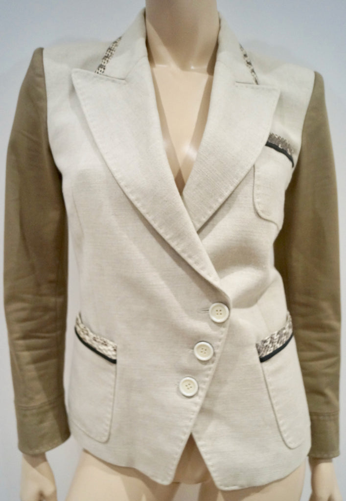 BARBARA BUI Cream Brown Flax Cotton & Leather Trim Lined Formal Blazer Jacket 38