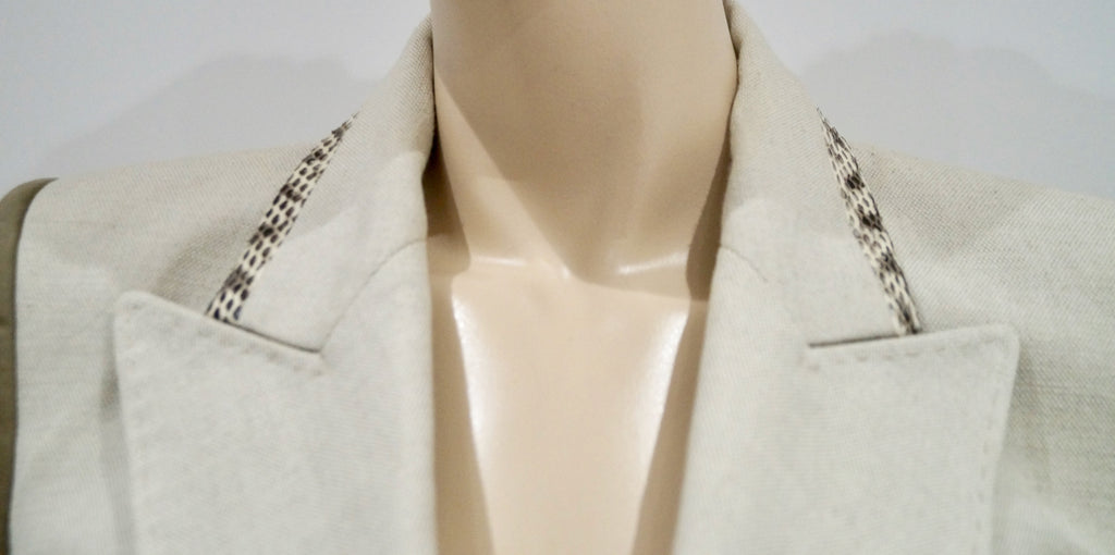 BARBARA BUI Cream Brown Flax Cotton & Leather Trim Lined Formal Blazer Jacket 38