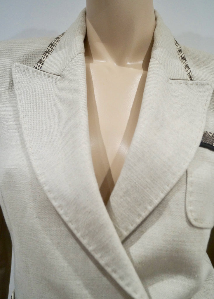 BARBARA BUI Cream Brown Flax Cotton & Leather Trim Lined Formal Blazer Jacket 38