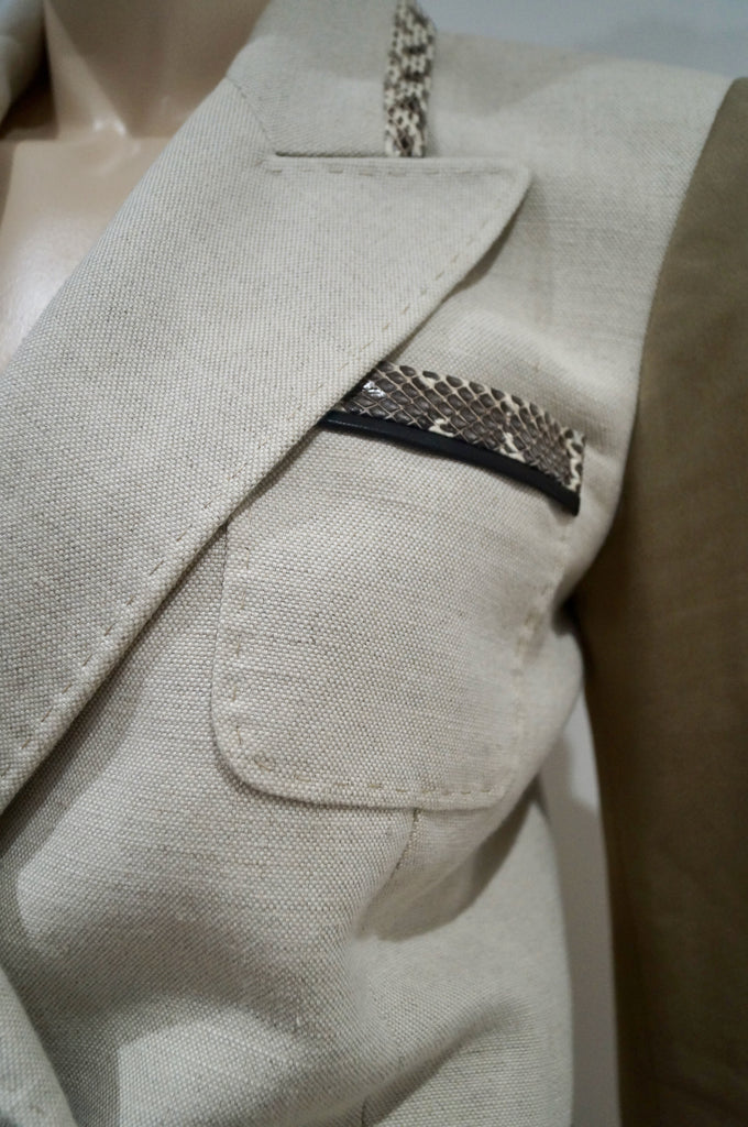 BARBARA BUI Cream Brown Flax Cotton & Leather Trim Lined Formal Blazer Jacket 38