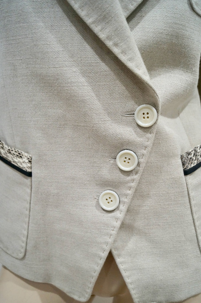 BARBARA BUI Cream Brown Flax Cotton & Leather Trim Lined Formal Blazer Jacket 38