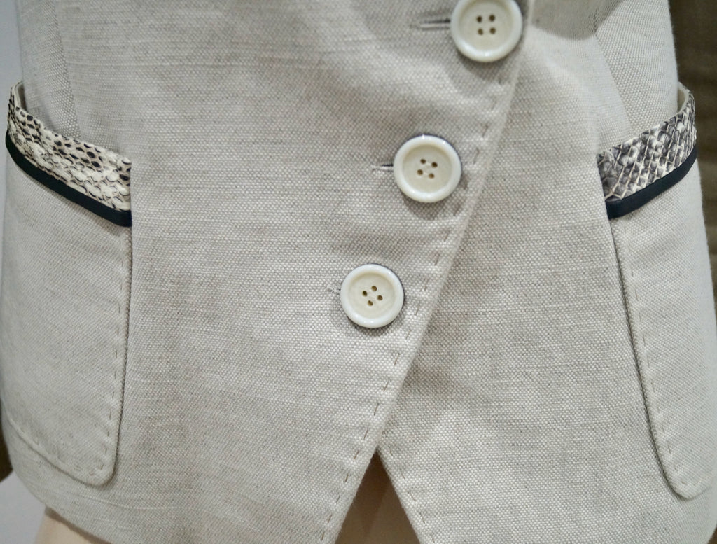 BARBARA BUI Cream Brown Flax Cotton & Leather Trim Lined Formal Blazer Jacket 38