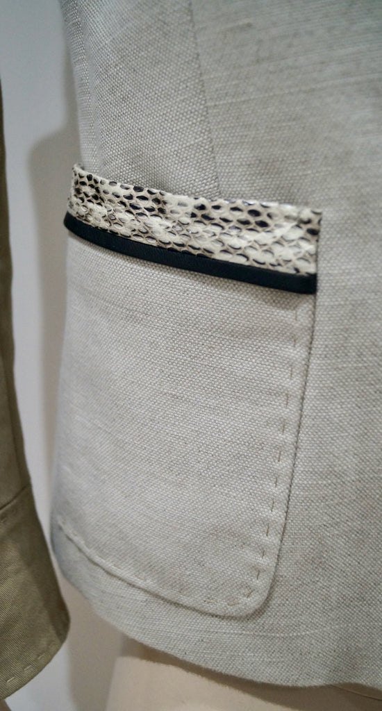 BARBARA BUI Cream Brown Flax Cotton & Leather Trim Lined Formal Blazer Jacket 38