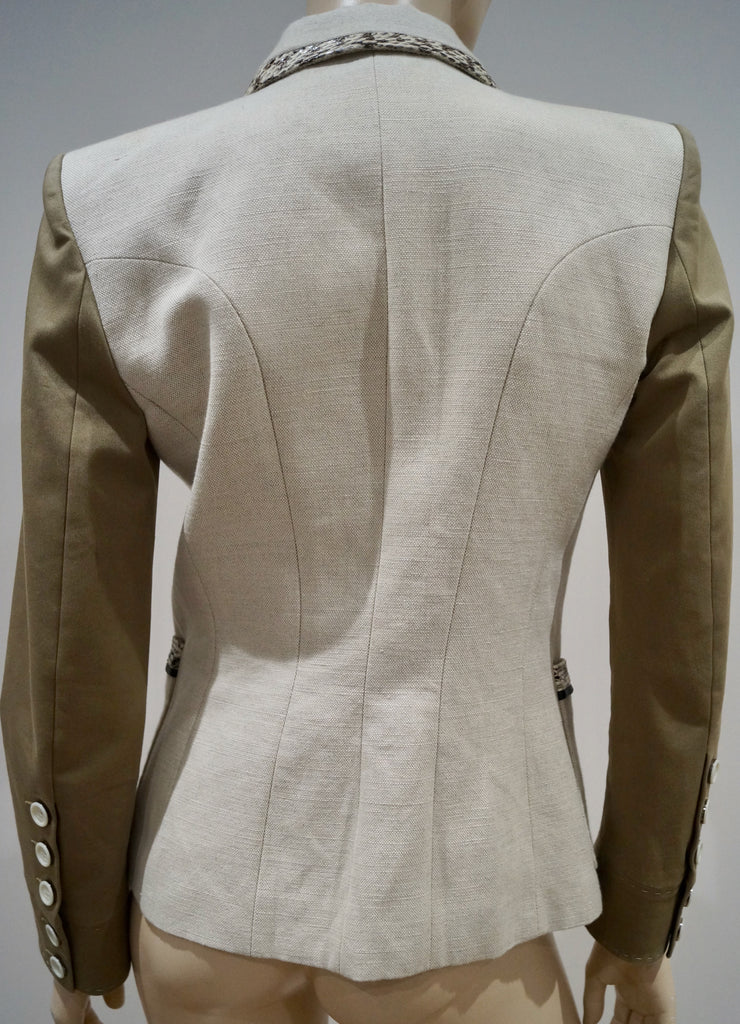 BARBARA BUI Cream Brown Flax Cotton & Leather Trim Lined Formal Blazer Jacket 38