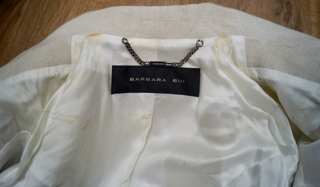 BARBARA BUI Cream Brown Flax Cotton & Leather Trim Lined Formal Blazer Jacket 38