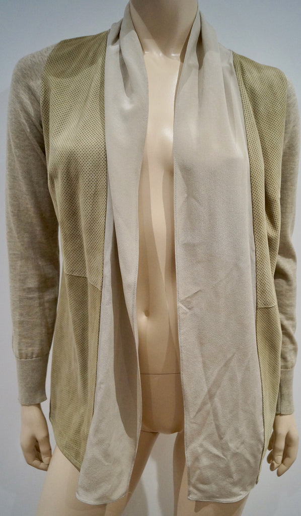 FABIANA FILIPPI Beige Leather Cotton & Silk Open Front Long Sleeve Cardigan Top