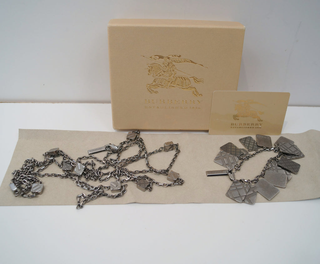 BURBERRY Gunmetal Nova Check Long Chain Necklace & Bracelet - New With Box