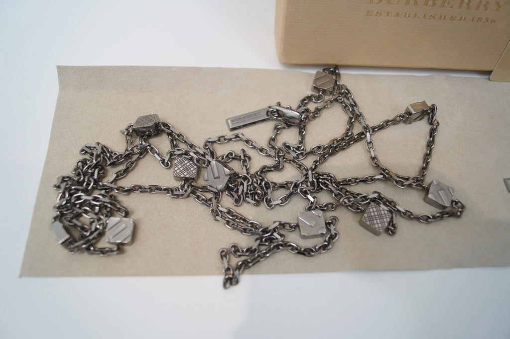 BURBERRY Gunmetal Nova Check Long Chain Necklace & Bracelet - New With Box