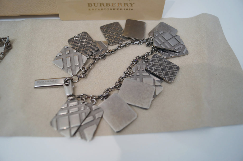BURBERRY Gunmetal Nova Check Long Chain Necklace & Bracelet - New With Box