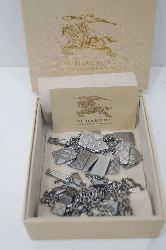 BURBERRY Gunmetal Nova Check Long Chain Necklace & Bracelet - New With Box