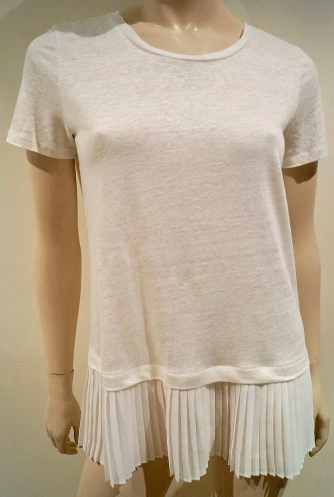 SANDRO Winter White 100% Linen Short Sleeve Pleated Hemline Summer Top Sz: 2 M