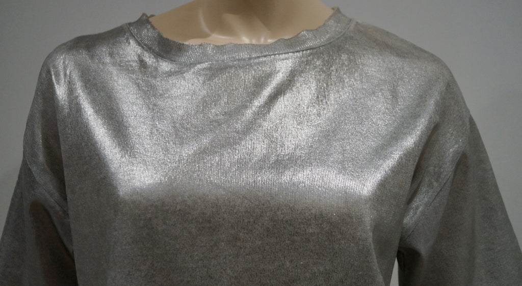 PHILOSOPHY Made In Italy Silver Sheen 100% Cotton Round Neck Short Sleeve Top M