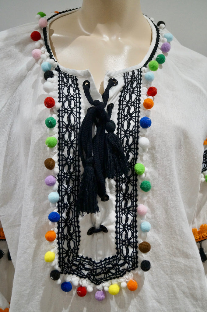 DODO BAR OR White Cotton Multi Colour Pompon & Stitch Detail Beachwear Kaftan To