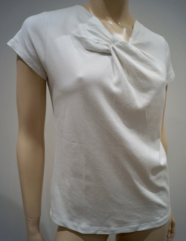 SALVATORE FERRAGAMO Made In Italy White Cotton Pleated Neck Short Sleeve Tee Top
