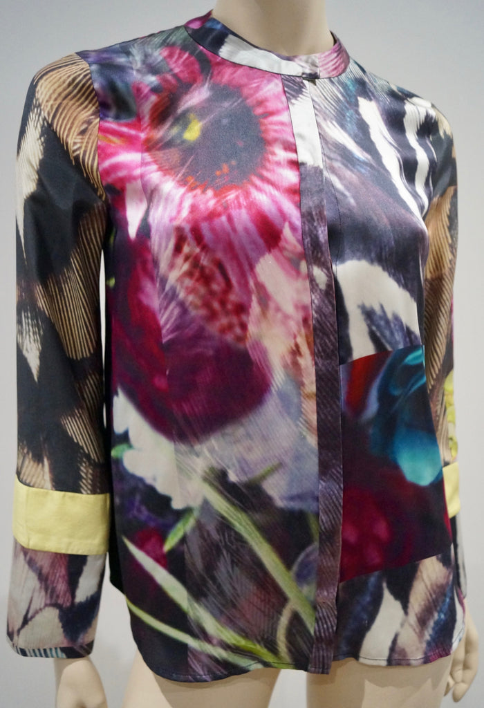 PREEN LINE Multicolour Silk Abstract Print Collarless Long Sleeve Blouse Shirt S