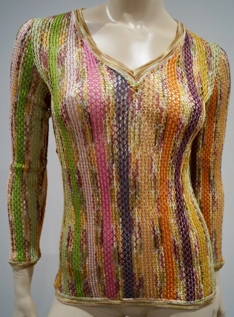 MISSONI Multicolour Stripe Cotton Blend V Neck Loose Net Knitwear Jumper Top 40