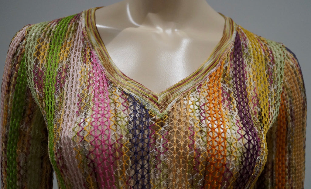 MISSONI Multicolour Stripe Cotton Blend V Neck Loose Net Knitwear Jumper Top 40