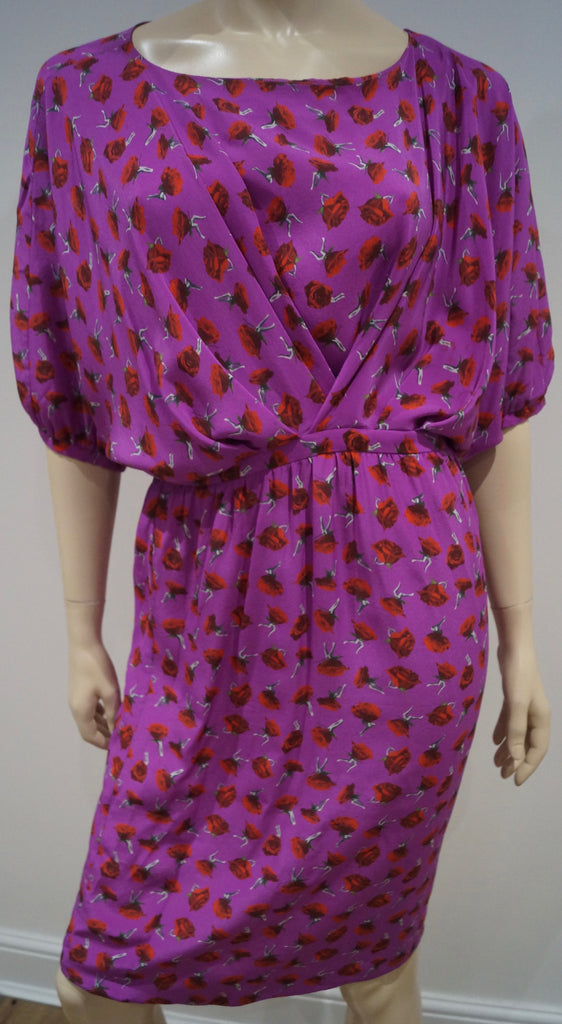 THAKOON Pink Silk Floral Rose Print Short Batwing Sleeve Belted Pleated Dress 6