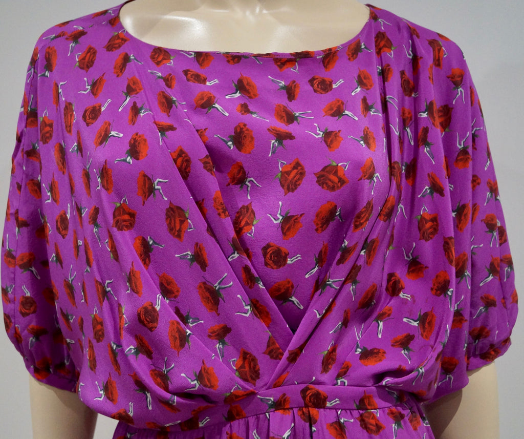 THAKOON Pink Silk Floral Rose Print Short Batwing Sleeve Belted Pleated Dress 6