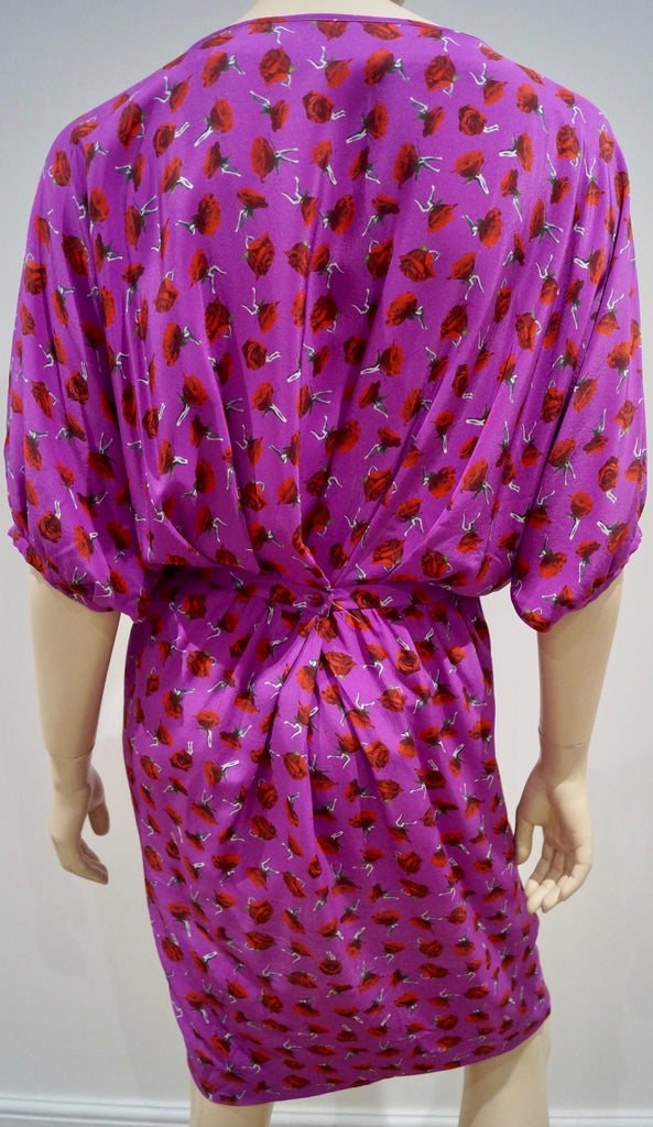 THAKOON Pink Silk Floral Rose Print Short Batwing Sleeve Belted Pleated Dress 6