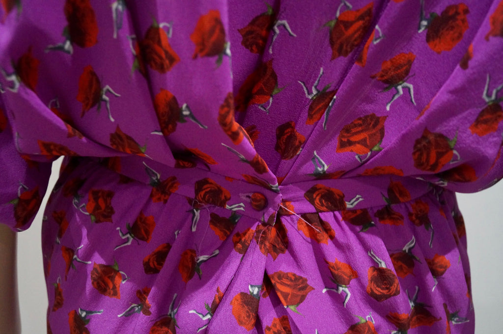 THAKOON Pink Silk Floral Rose Print Short Batwing Sleeve Belted Pleated Dress 6