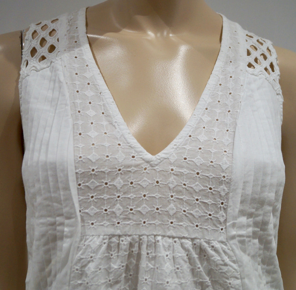 PAUL & JOE White 100% Cotton V Neck Crochet Detail Sleeveless Pleated Dress FR38