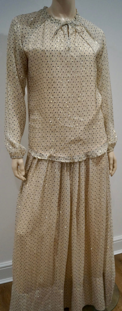 DEA KUDIBAL Cream Black Gold Speck Silk Blend Long Sleeve Top Pleated Maxi Skirt