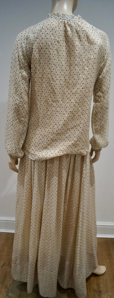 DEA KUDIBAL Cream Black Gold Speck Silk Blend Long Sleeve Top Pleated Maxi Skirt
