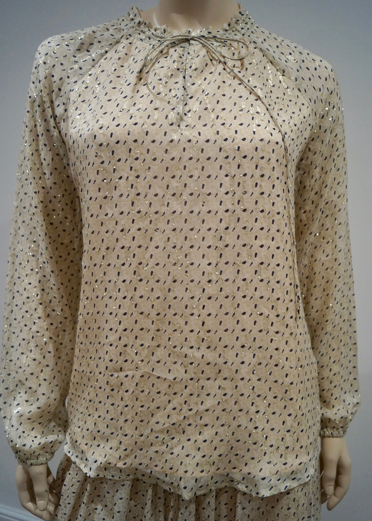 DEA KUDIBAL Cream Black Gold Speck Silk Blend Long Sleeve Top Pleated Maxi Skirt