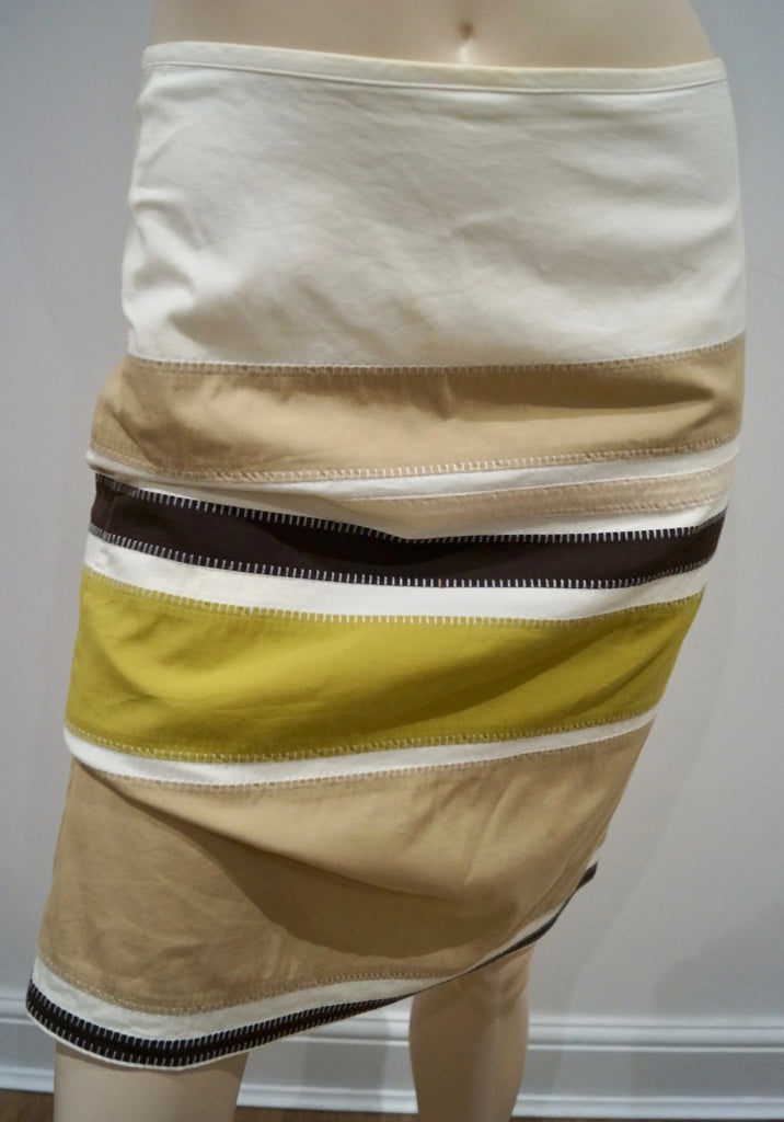 STRENESSE BLUE Cream Beige Green Blue Brown Cotton Blend Stripe Pencil Skirt 10