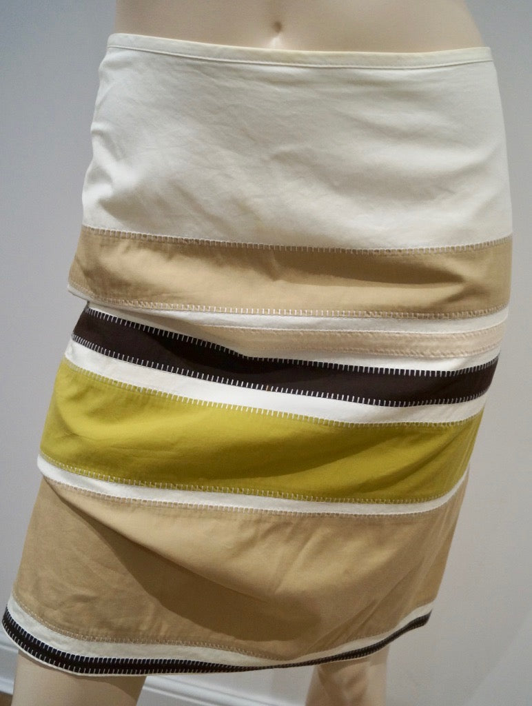 STRENESSE BLUE Cream Beige Green Blue Brown Cotton Blend Stripe Pencil Skirt 10