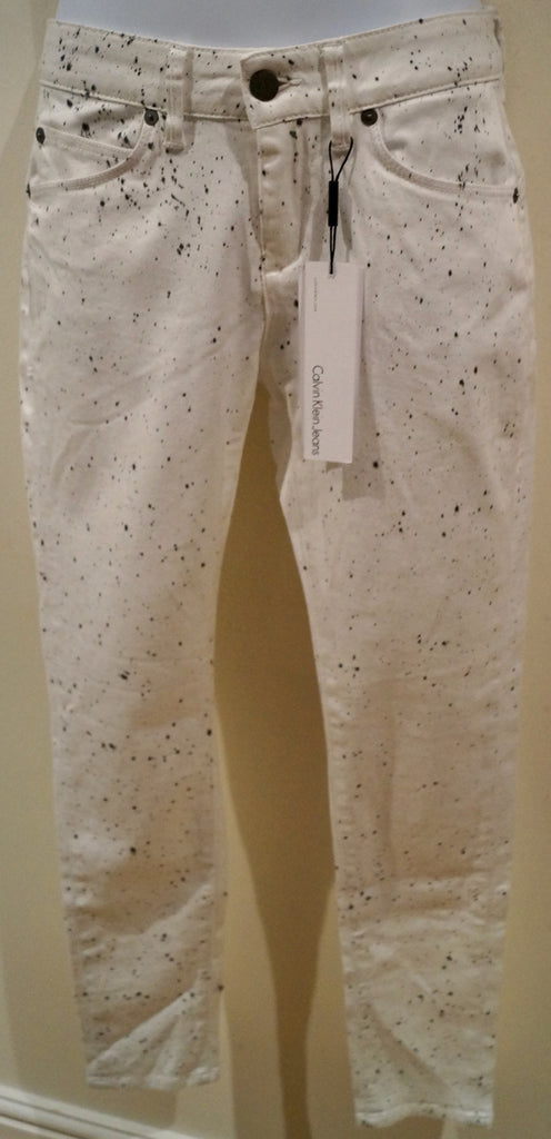 CK CALVIN KLEIN Cream Black Splatter Print Skinny Jeans Trousers Pants W27 BNWT
