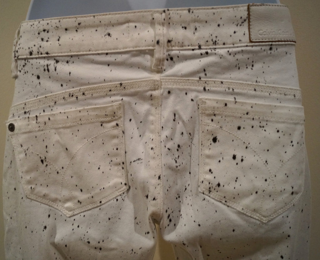 CK CALVIN KLEIN Cream Black Splatter Print Skinny Jeans Trousers Pants W27 BNWT