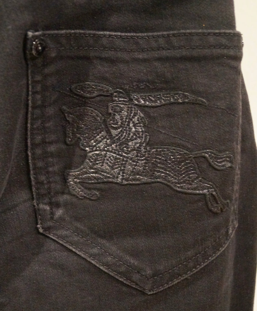 BURBERRY Black Charcoal Cotton Blend Branded Chain Detail Skinny Slim Fit Jeans