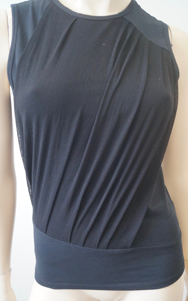 JOSEPH Black Cotton Stretch Round Neck Pleat Detail Sleeveless Vest Tank Top