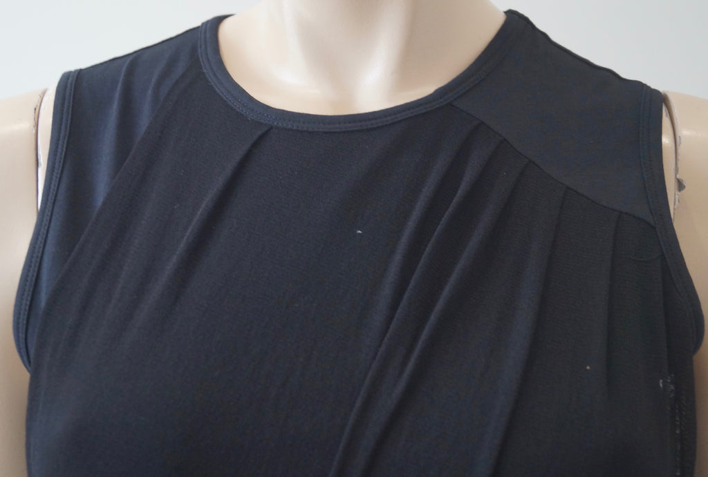 JOSEPH Black Cotton Stretch Round Neck Pleat Detail Sleeveless Vest Tank Top