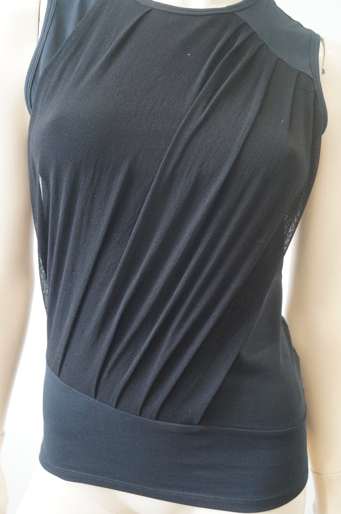 JOSEPH Black Cotton Stretch Round Neck Pleat Detail Sleeveless Vest Tank Top