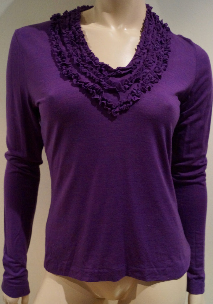 ETRO MILANO Purple Wool Blend Ruffled V Neck Long Sleeve Sweater Top 44 UK12